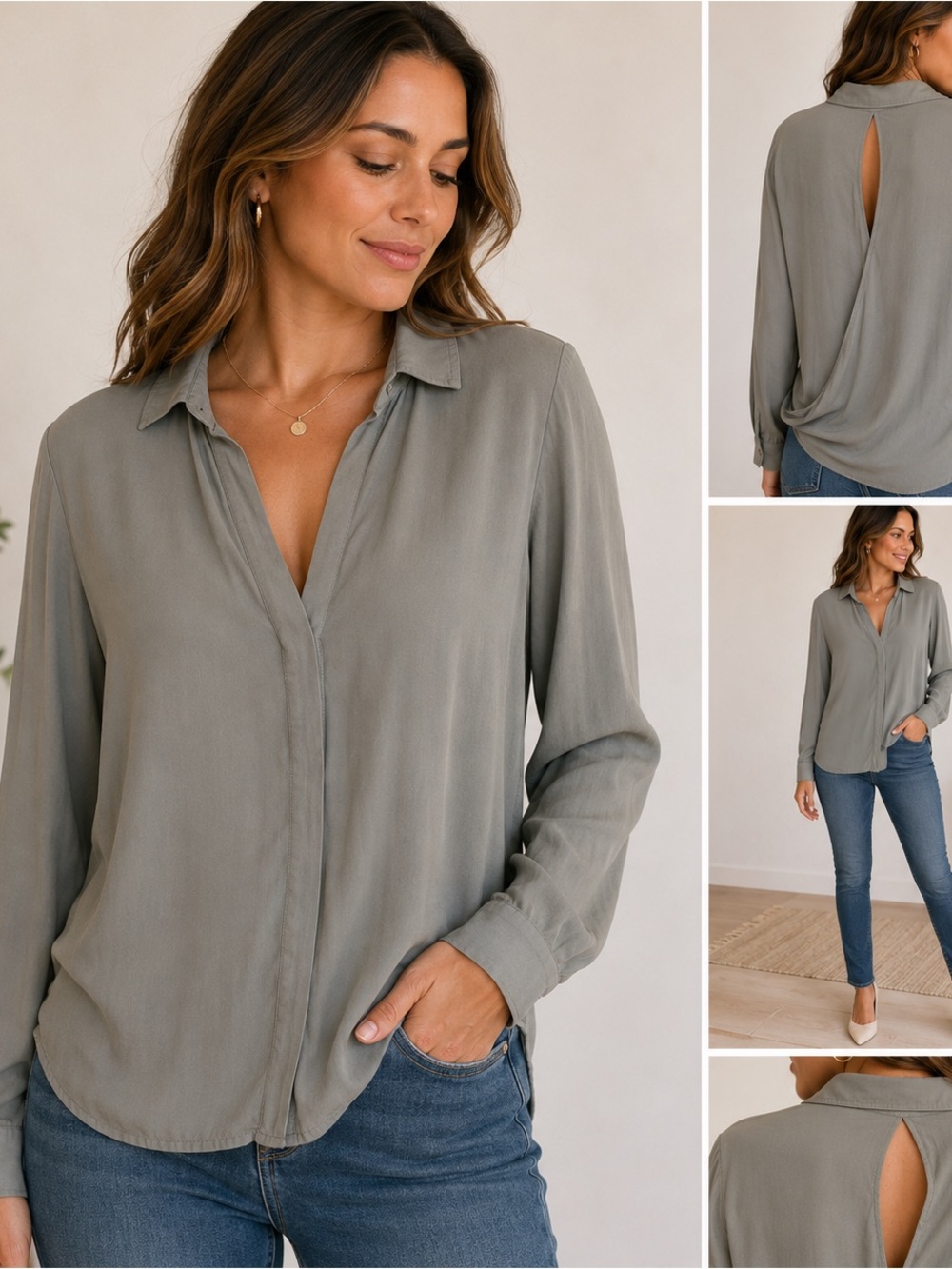 Bella Dahl Olive Green Long Sleeve Blouse Keyhole Back Draped Rayon Top Medium